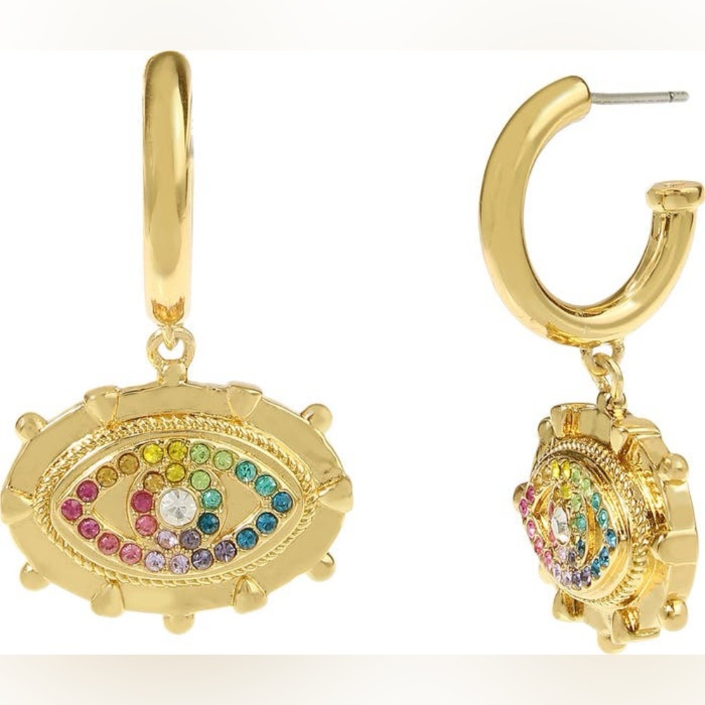NEW KURT GEIGER Evil Eye Huggie Drop Earrings Rainbow Gold